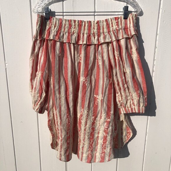 Misa Los Angeles Striped Off The Shoulder Smocked Embroidered Boho Top - Picture 1 of 10